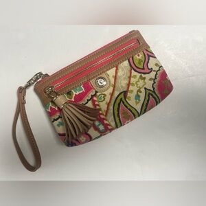 Spartina 449 Leather Linen Paisley Floral Tassel Adult Wristlet 7” x 1.5” x 5”